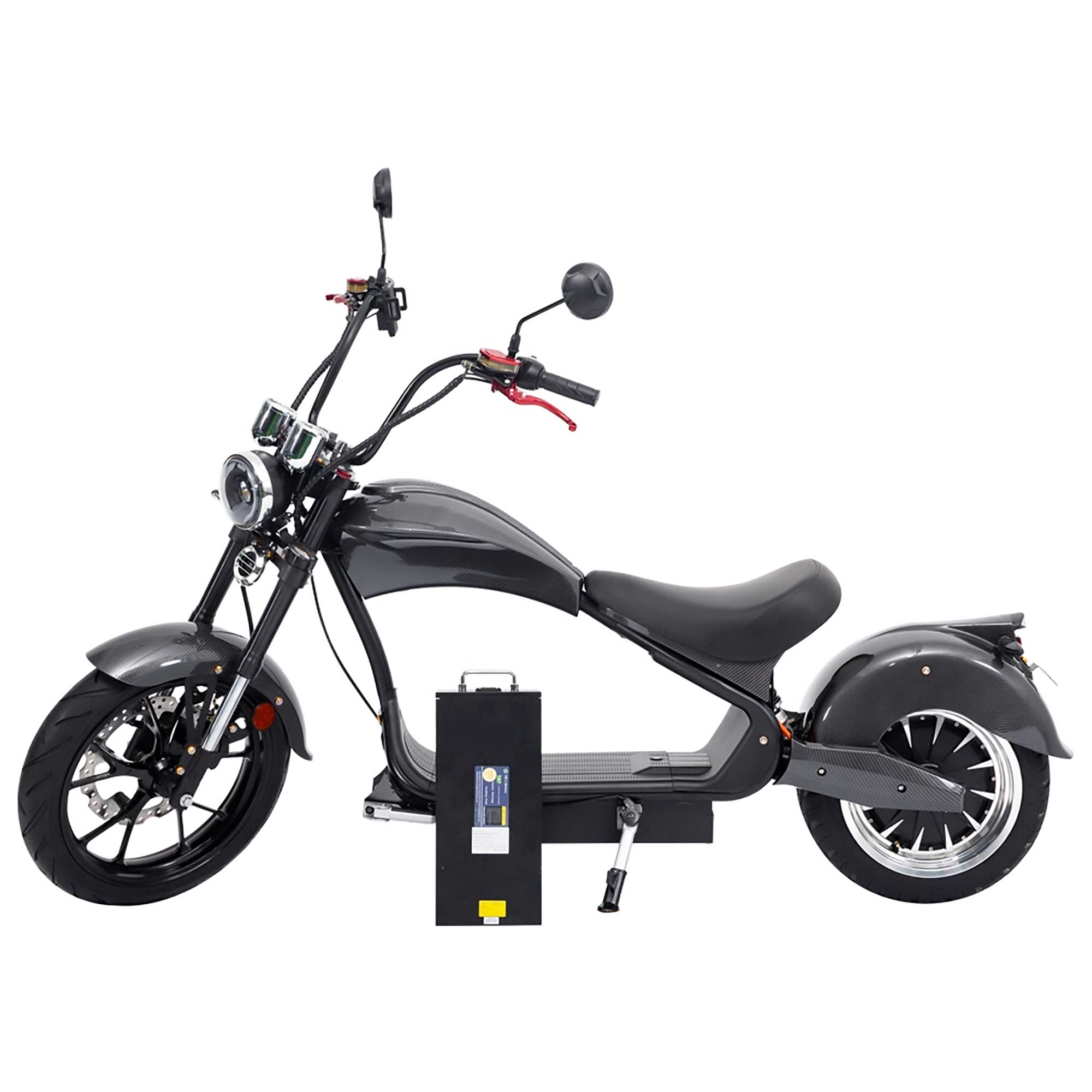 RocknBike EMH3 Elektro-Chopper 45km/h Carbon-Look Graphite Seite Links mit Batterien